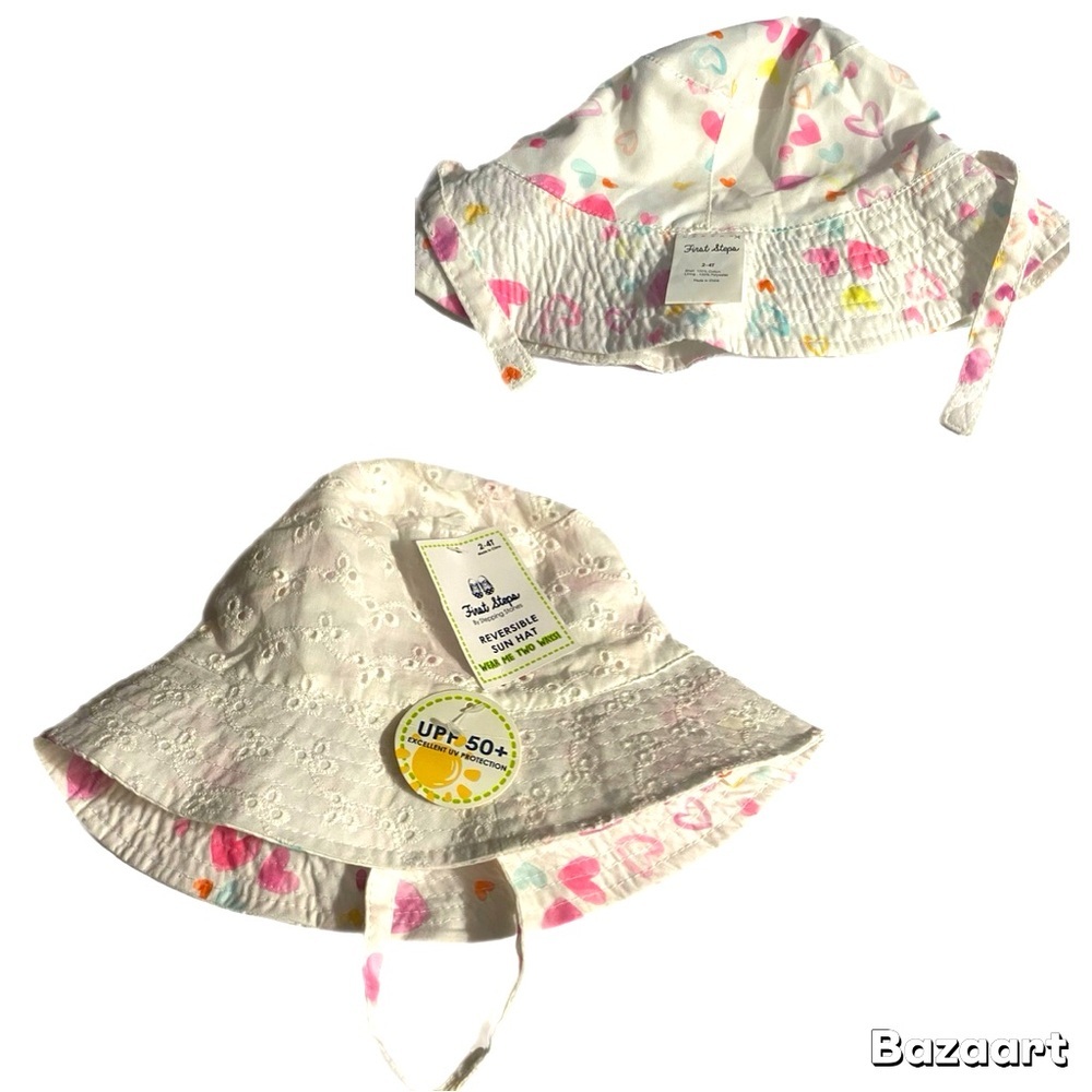 First Steps by Stepping Stones Reversible Bucket Hat, White Eyelet, Hearts​, NWT